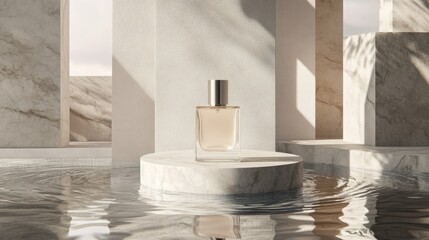 Fototapete - A glass perfume bottle with a silver cap sits on a circular, white marble platform. The platform is surrounded by still, clear water.