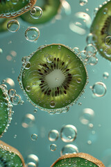 Wall Mural - Kiwi splashing on a blue water with bubbles background, fresh juicy sliced fruits