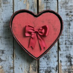 Sticker - A heart-shaped gift box with a red ribbon on a wooden background.