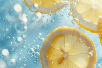 Wall Mural - lemons splashing on a blue water with bubbles background, fresh juicy sliced fruits