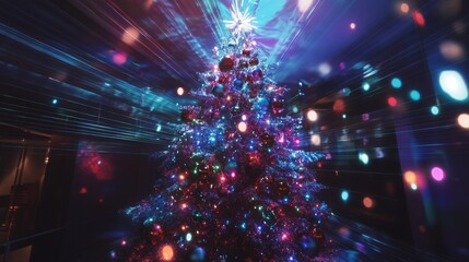 Aufkleber - A beautifully decorated Christmas tree adorned with sparkling ornaments and bright lights stands in a cozy living room, radiating a festive atmosphere during the evening holiday season.