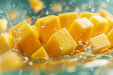 Wall Mural - mango splashing on a blue water with bubbles background, fresh juicy sliced fruits