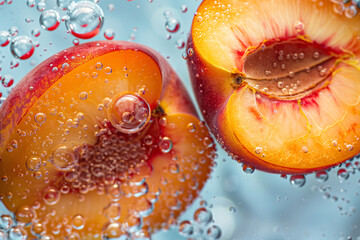 Wall Mural - Nectarines splashing on a blue water with bubbles background, fresh juicy sliced fruits