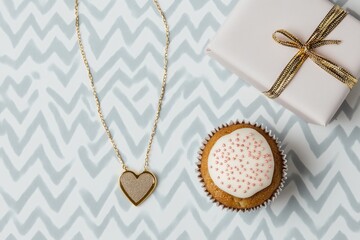 Poster - A heart-shaped necklace, cupcake, and gift box on a patterned background.