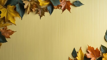 mid yellow seasonal wallpaper with falling autumn leaves natural banner with copy space.