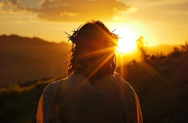 A serene image of Jesus Christ from the back, gazing at the radiant sun, wearing a crown of thorns, symbolizing faith, sacrifice, and divine connection in a peaceful, spiritual setting.