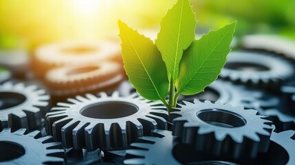 Poster - Tree plant growing on gears, representing the harmony between nature and machinery in promoting green business and sustainability.