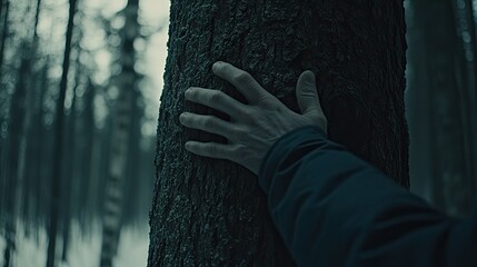 two hands wrapping around a large tree trunk in the forest, promoting environmental care and connect