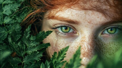 Wall Mural -   A photo of a woman with freckles in her hair and blue eyes among green foliage