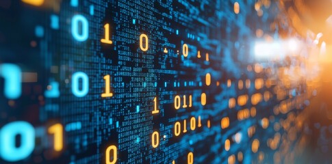 Aufkleber - an image of a blue binary code background with glowing lights and flowing data, illustrating technol