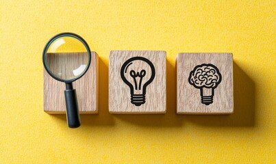Poster - With a magnifying glass hand and a brain lightbulb lamp on a yellow background, focus creative thinking idea to problem solving and innovation patenting concept.