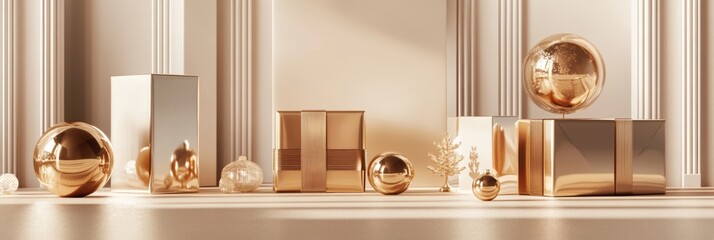 Fototapete - Bright golden geometric shapes resembling gift boxes create a stylish arrangement, reflecting light in a serene indoor space. Generative AI