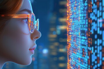 Poster - A woman uses a virtual computer to surf a futuristic metaverse. Cyber world and digital data. Augmented reality, the future of technology, and programming concepts.