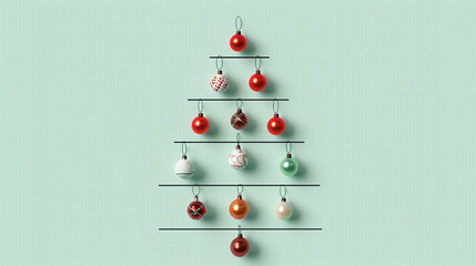 Simple and elegant Christmas tree arrangement featuring hanging red, green, and white baubles in a tree shape on a soft mint background. Ideal for minimalist holiday designs 