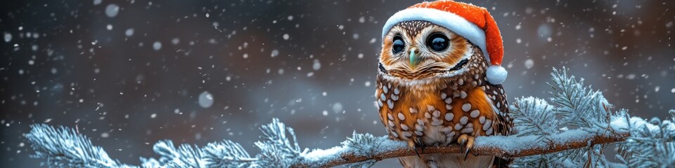 Wall Mural - A festive owl wears a Santa hat while perched on a snowy branch during a gentle snowfall.