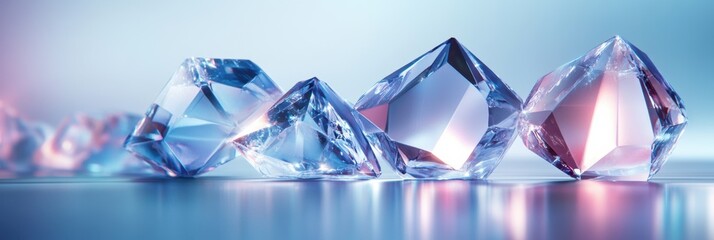 Leinwandbilder - Glowing geometric icy crystals create a surreal ambiance with abstract reflections against a serene blue backdrop, enhancing their allure. Generative AI