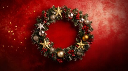 Aufkleber - A Christmas wreath hangs against a red background. The wreath is adorned with evergreen branches, red berries, gold and silver ornaments, and gold stars. Scattered gold stars are in the background.