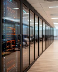 A modern data center corridor with server racks and office spaces.