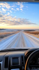 Aufkleber - A winter morning reveals a snowy road stretching through a serene countryside landscape. Soft light illuminates the horizon, enhancing the chill of the season