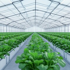 Canvas Print - A modern greenhouse filled with rows of healthy green plants.