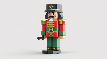 A stylized illustration of a traditional nutcracker soldier, dressed in a red and green uniform with gold accents and a black hat. The minimalistic design is perfect for festive decorations.