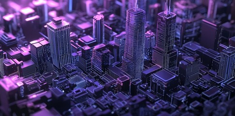 Poster - 3d illustration of a skyline with vr-style buildings on a cyberspace background, conveying a smart c