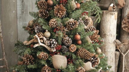 Aufkleber - A beautifully adorned Christmas tree fills a cozy winter space, featuring natural elements like pinecones, red berries, and ornaments, creating a festive atmosphere perfect for the holiday season.