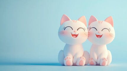 Two adorable cartoon cats smiling, sitting together on a blue background.