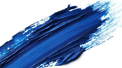 A close-up of a single brushstroke of vibrant blue paint on a white background.