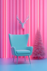 Sticker - A modern, colorful interior featuring a blue chair, pink walls, and decor.