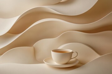 Poster - A delicate tea cup rests amidst swirling shapes in muted natural tones, promoting a soothing atmosphere for mindfulness and relaxation. Generative AI