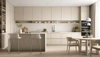 Minimalist beige kitchen design featuring furniture and eco-friendly accessories