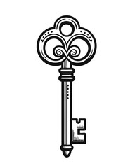 Key vintage hand drawn, in engraving style, black and white, vector illustration