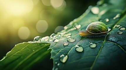 Wall Mural - close-up image of a snail on a leaf with water droplets and the sun shining above
