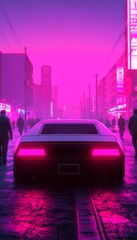 Canvas Print - A neon-lit urban scene featuring a retro car against a vibrant backdrop.