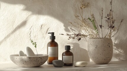 Poster - Two glass bottles with black pumps, one larger and one smaller, sit on a white surface next to a stone bowl with white stones. A small plant with green leaves grows out of the bowl.