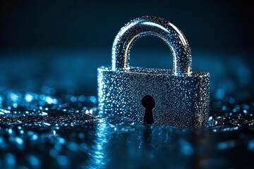 Digital padlock on a dark blue background, representing cybersecurity technology for fraud prevention and data privacy protection.