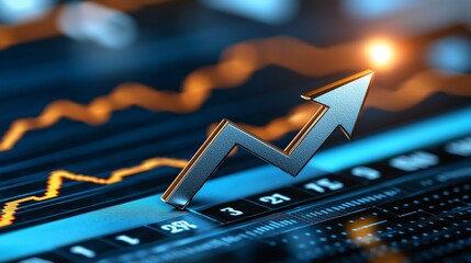 Poster - An abstract up arrow bar symbol on a blue growth graph business data diagram for a financial presentation background in finance marketing and a profit investment graph for an economy market.