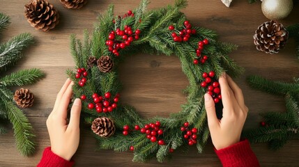 Poster - Two hands gently arrange red berries and pine cones on a green wreath during the holiday season, surrounded by natural elements on a rustic wooden table.