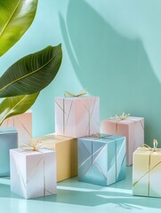 Aufkleber - A collection of stylish geometric gift boxes in various colors is beautifully arranged, complementing a bright and colorful backdrop. Generative AI