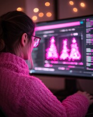 Canvas Print - A person in a pink sweater working on a computer with vibrant visuals.