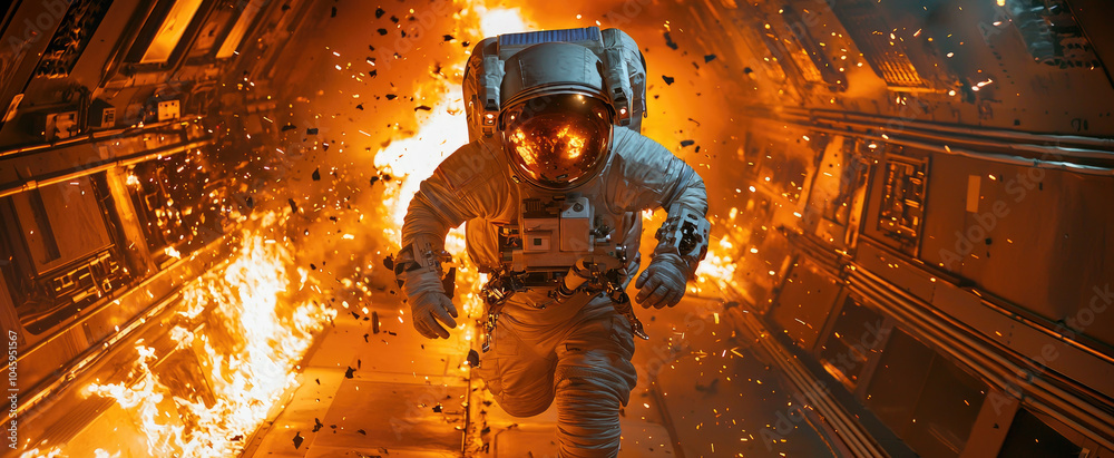 Astronaut runs inside burning spaceship like in sci-fi movie, fire and ...