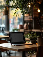 Aufkleber - The laptop sits on a wooden table surrounded by greenery in a warm and inviting café, ideal for focused work or study. Generative AI