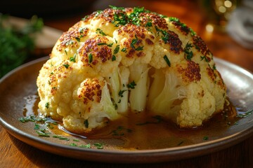 Wall Mural - Whole roasted cauliflower with herbs on a plate.