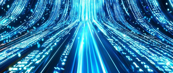 This digital pipeline has a vibrant glowing blue matrix binary code. It is isolated on a black background.
