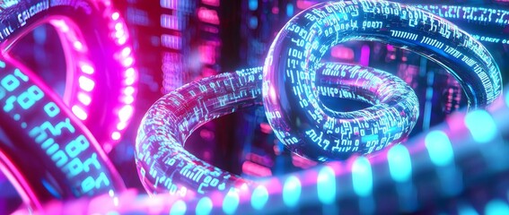 Blue matrix binary code shaped like a long digital pipeline, isolated on black.