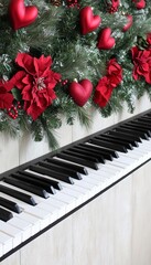 Poster - A piano keyboard is adorned with festive decorations and hearts.