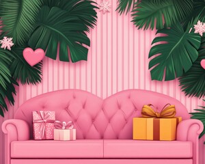 Sticker - A pink couch adorned with gifts and tropical leaves, creating a festive atmosphere.