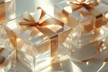 Poster - Stylish gift boxes with clear geometric shapes and golden ribbons are beautifully arranged, reflecting soft light in a bright environment. Generative AI