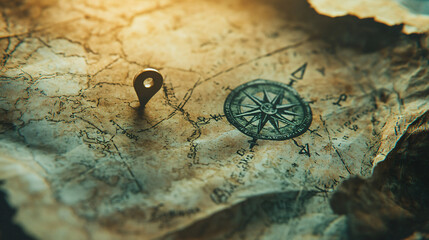 Map location marked with a pin, emphasizing navigation, adventure, discovery and communication, 